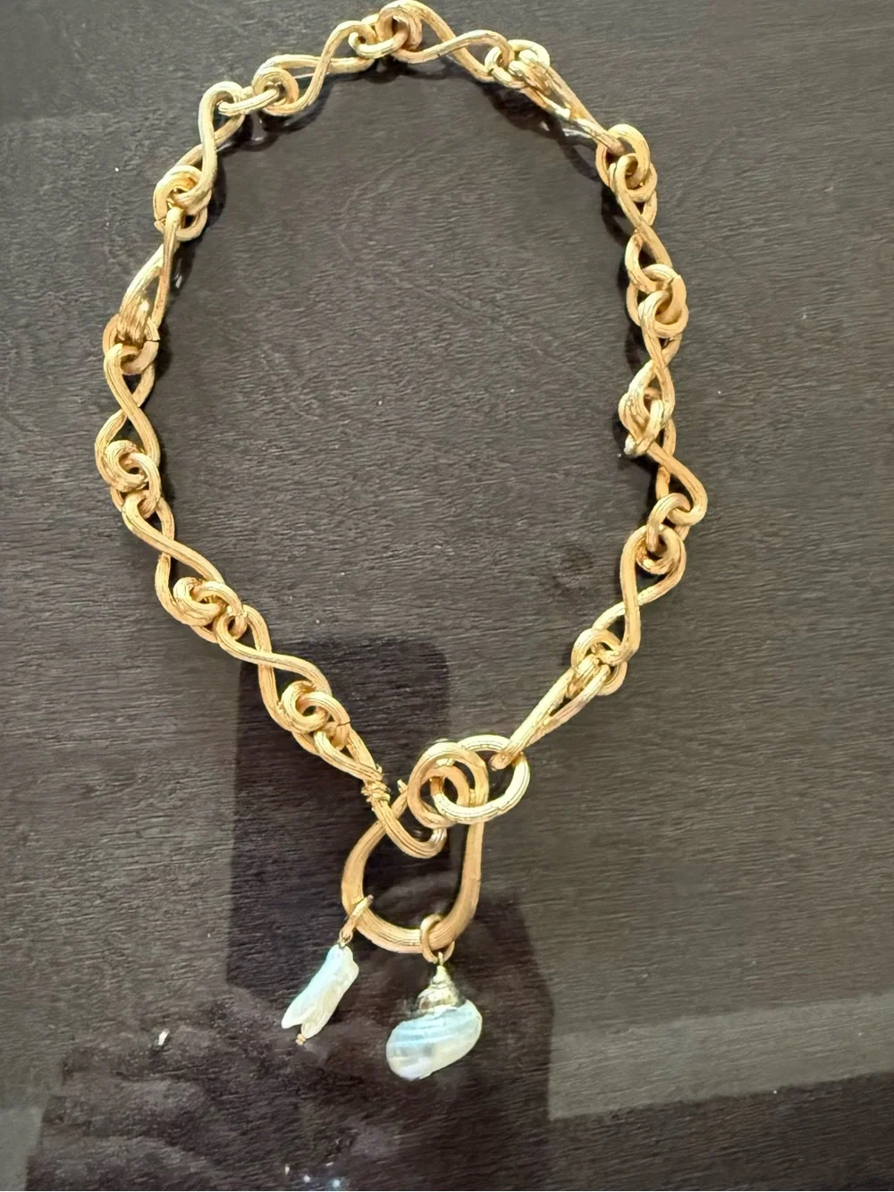 Gold-Tone Knot Link Necklace with Irregular Pearl Drops